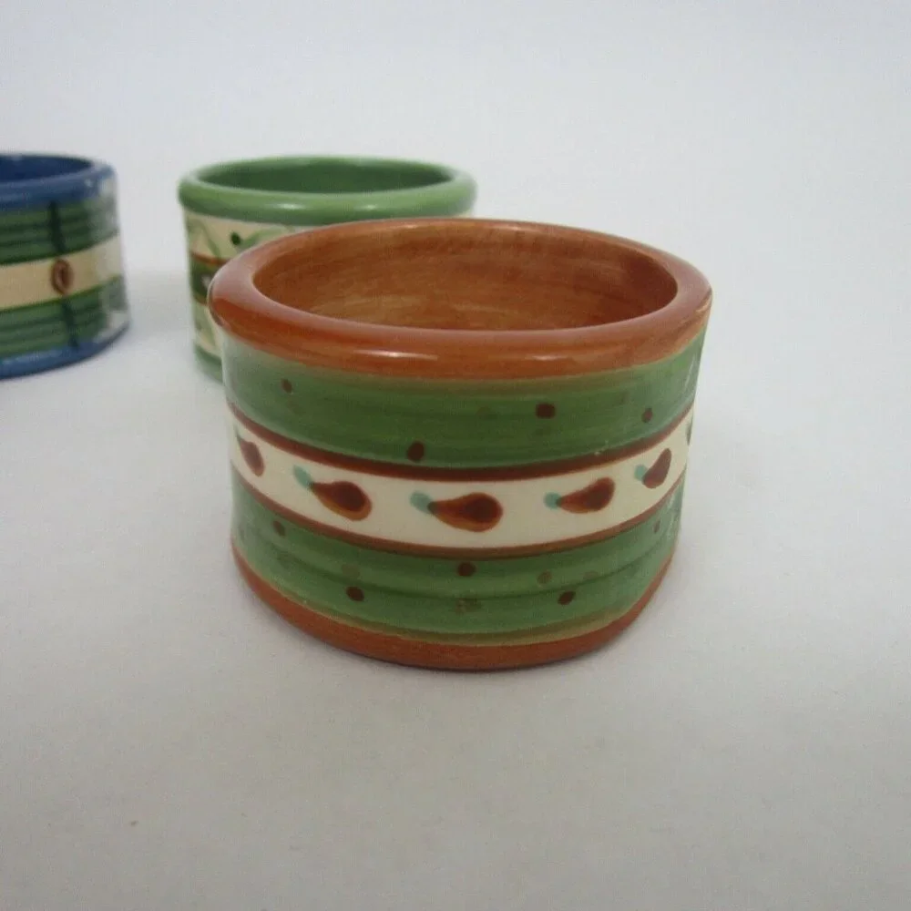 Lot of 4 Ceramic Napkin Rings Round Green Cream Glazed Stripes Dots Paisley